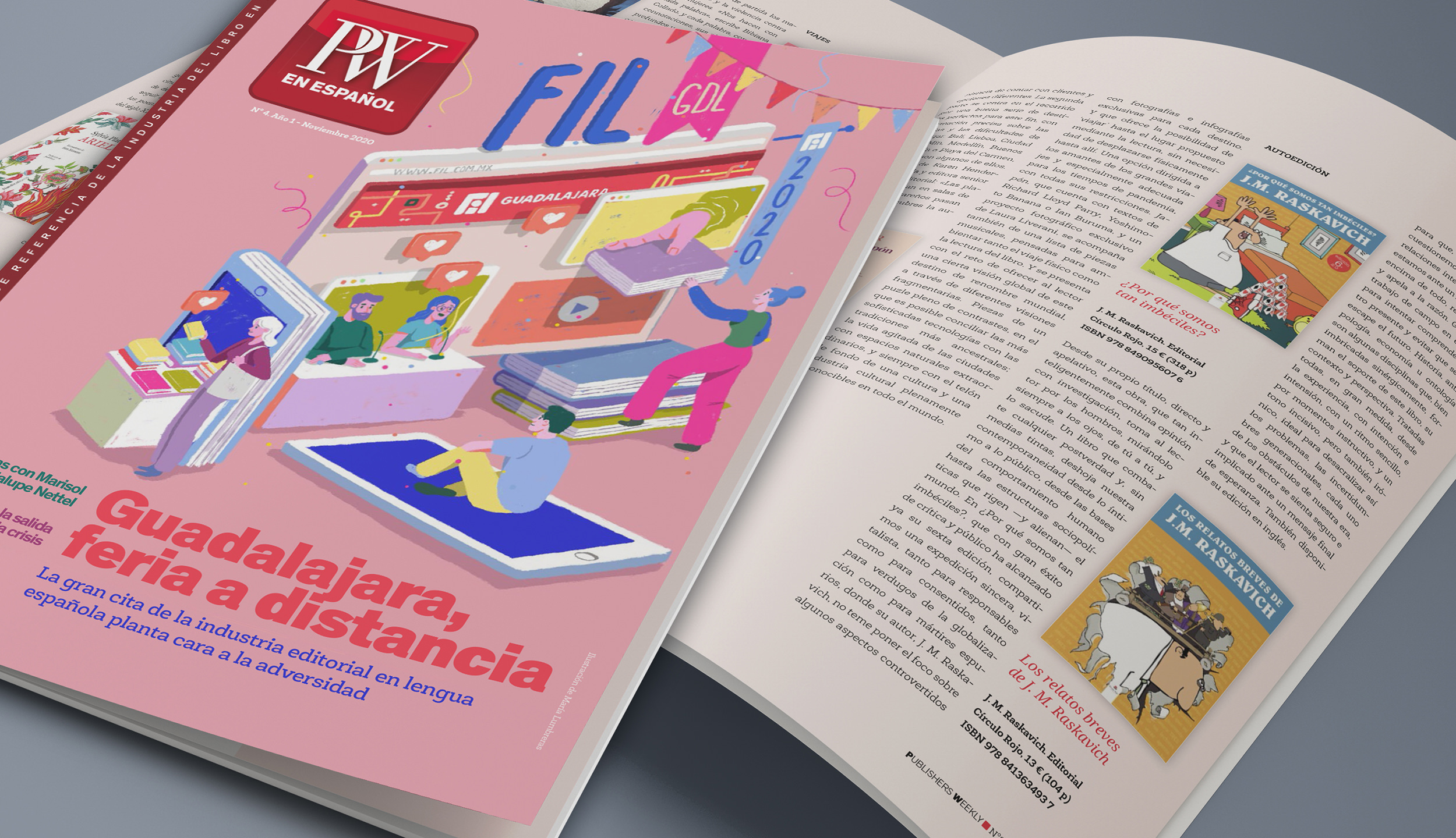 Foto de la Revista Publishers Weekly en Español, donde aparecen las reseñas de los libros de J.M. Raskavich